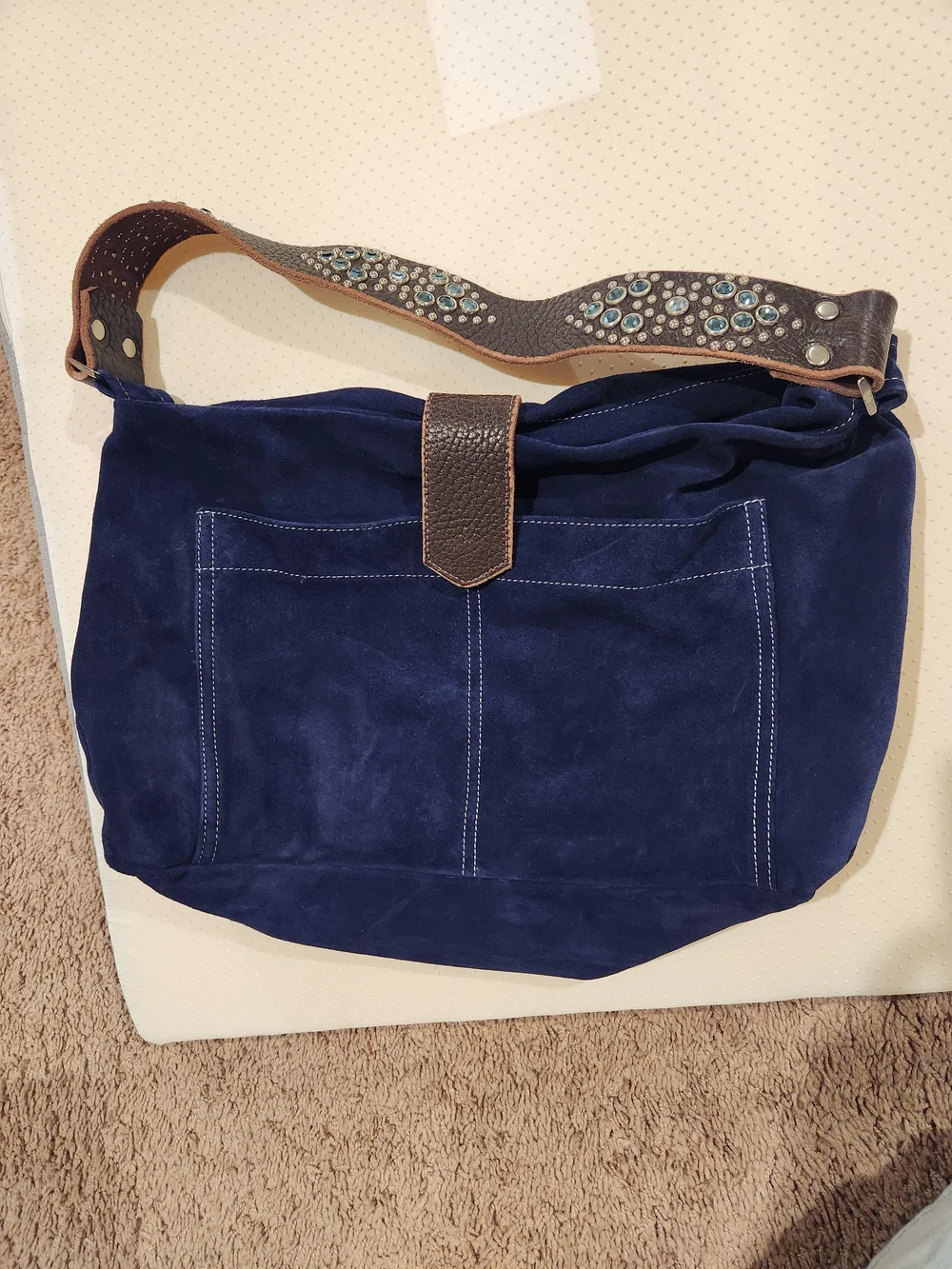 Tylie Malibu Suede Navy Blue Shoulder Bag with Embellished Brown Strap - Picture 5 of 6
